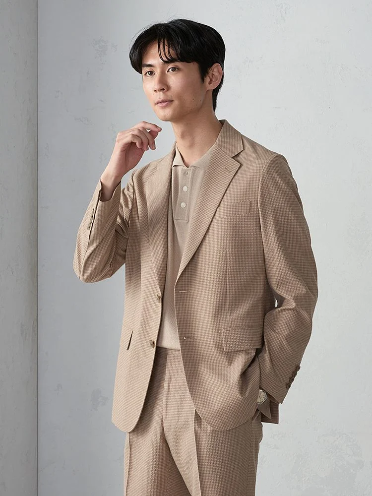 ネイビー ウール×シアサッカー ギンガムチェック柄 セットアップ