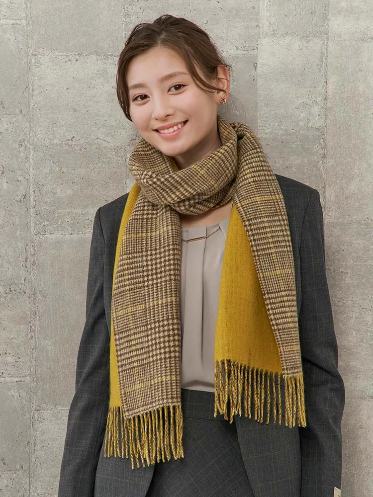 イエロー カシミヤ混 リバーシブルストール 無地×チェック イエロー