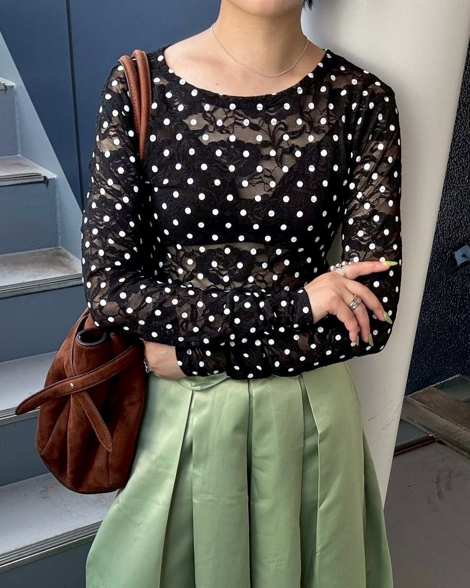 Dot lace see-through top (round neck) black