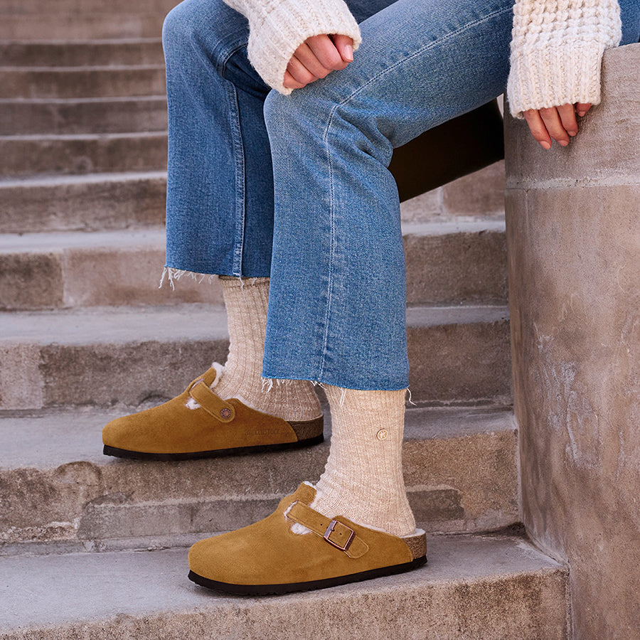 Birkenstock Boston Shearling – Mink Suede | Plaza Shoe Store