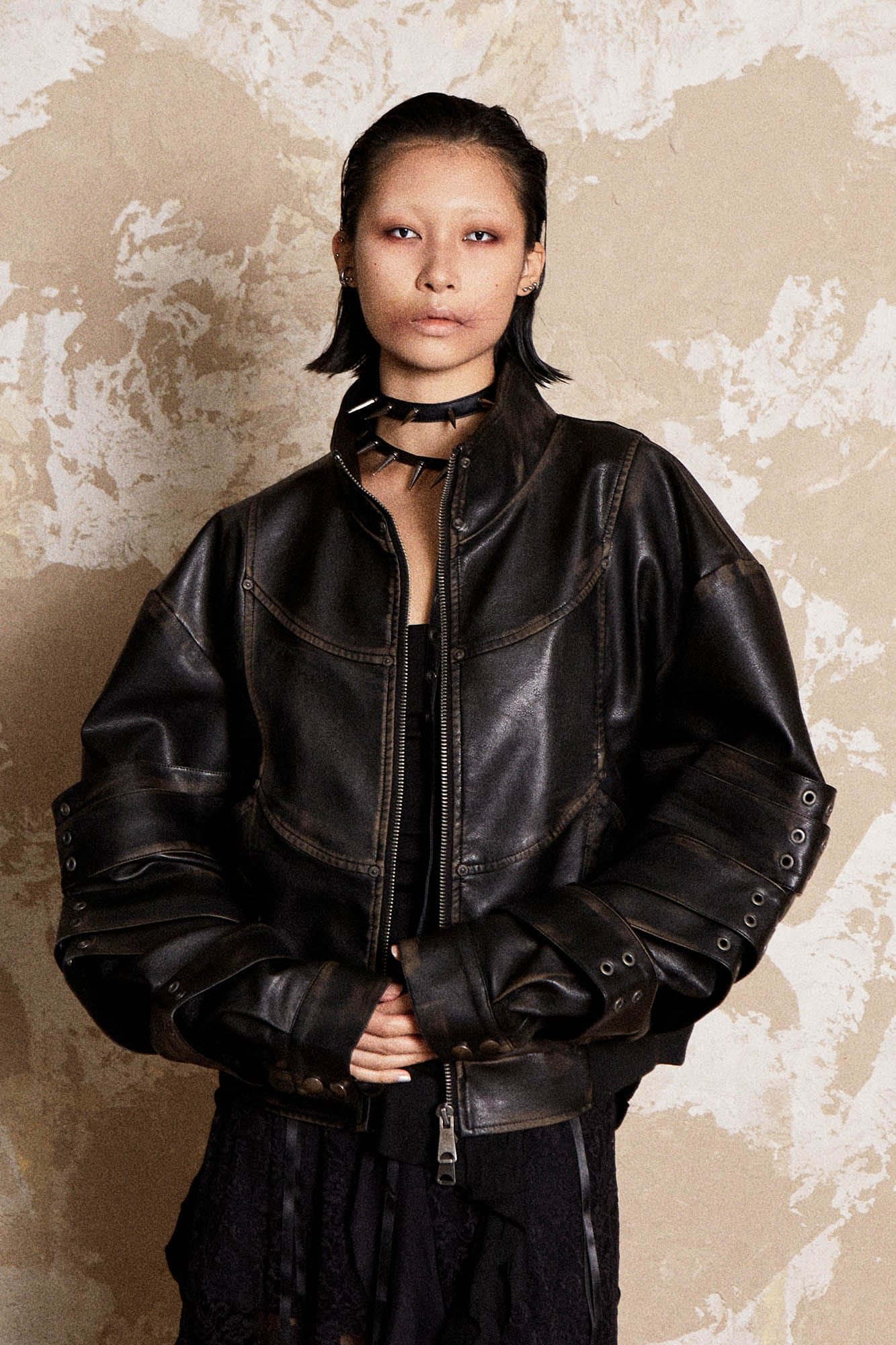 FLYERRER Mutation Layered Armor Spliced Faux Leather Jacket