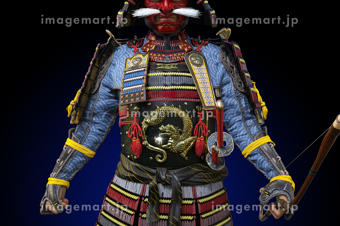 龍の紋様がある甲冑と赤い鬼の面をつけた戦国武士のイラスト素材