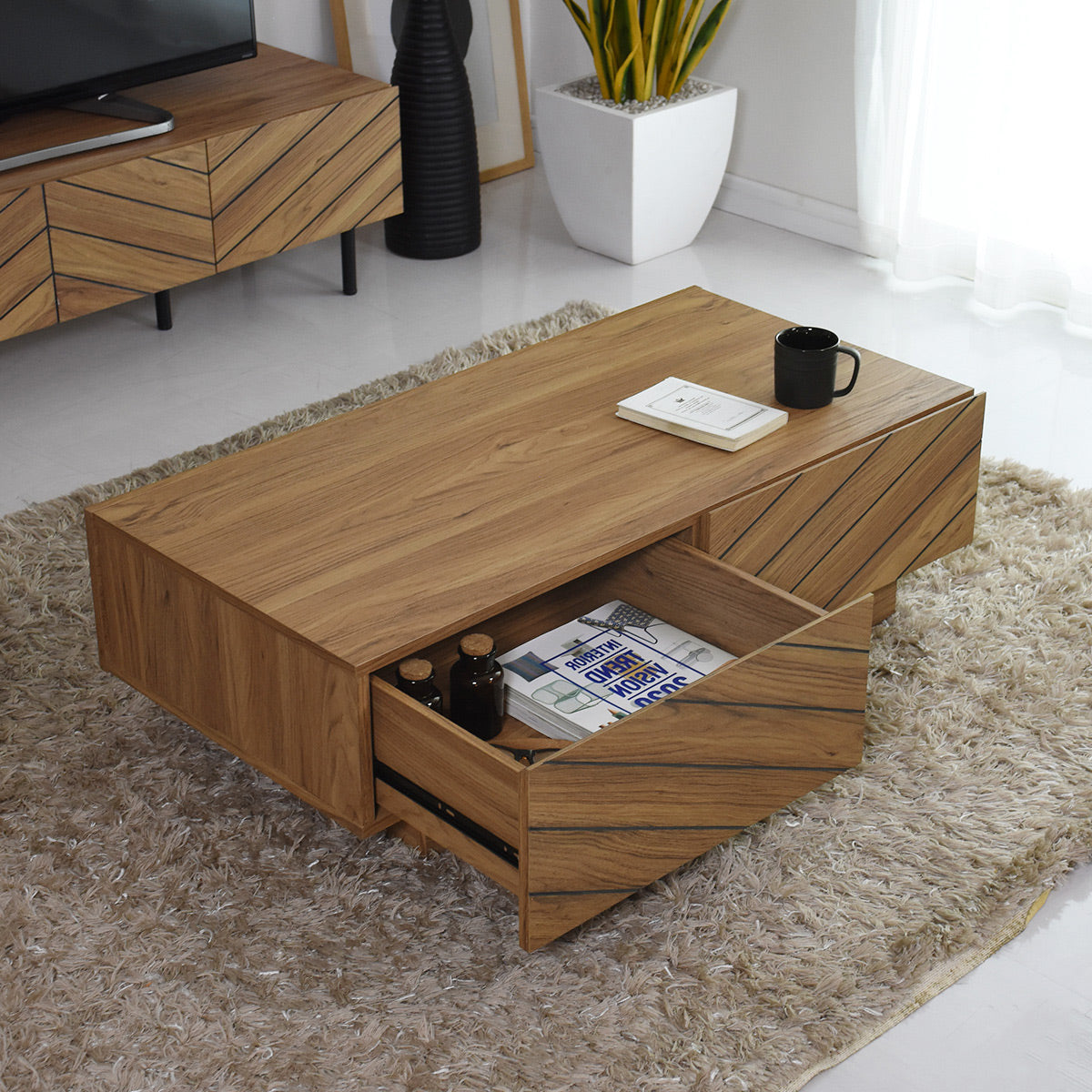 おしゃれで便利な収納付きセンターテーブル｜ヘリンボーン調｜センター