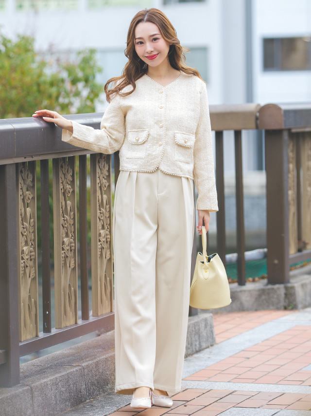 SALE] ツイード調パールボタン付き2ピースセットアップセレモニー