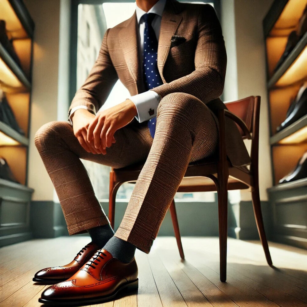 チェック柄ブラウンスーツにブルードットネクタイで秋のエレガントな