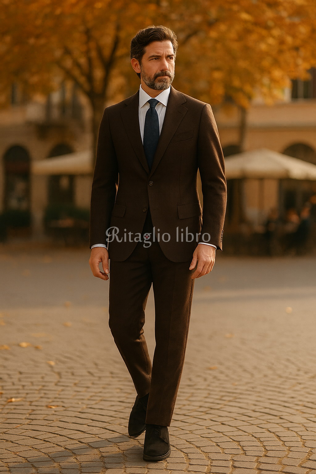 ブラウンスーツ×白シャツ×ネイビーネクタイ｜秋らしさ漂うクラシコ