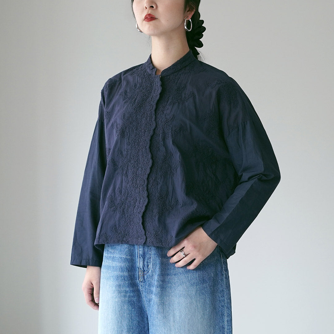 mizuiro ind（ミズイロインド） レース スタンドカラー シャツ