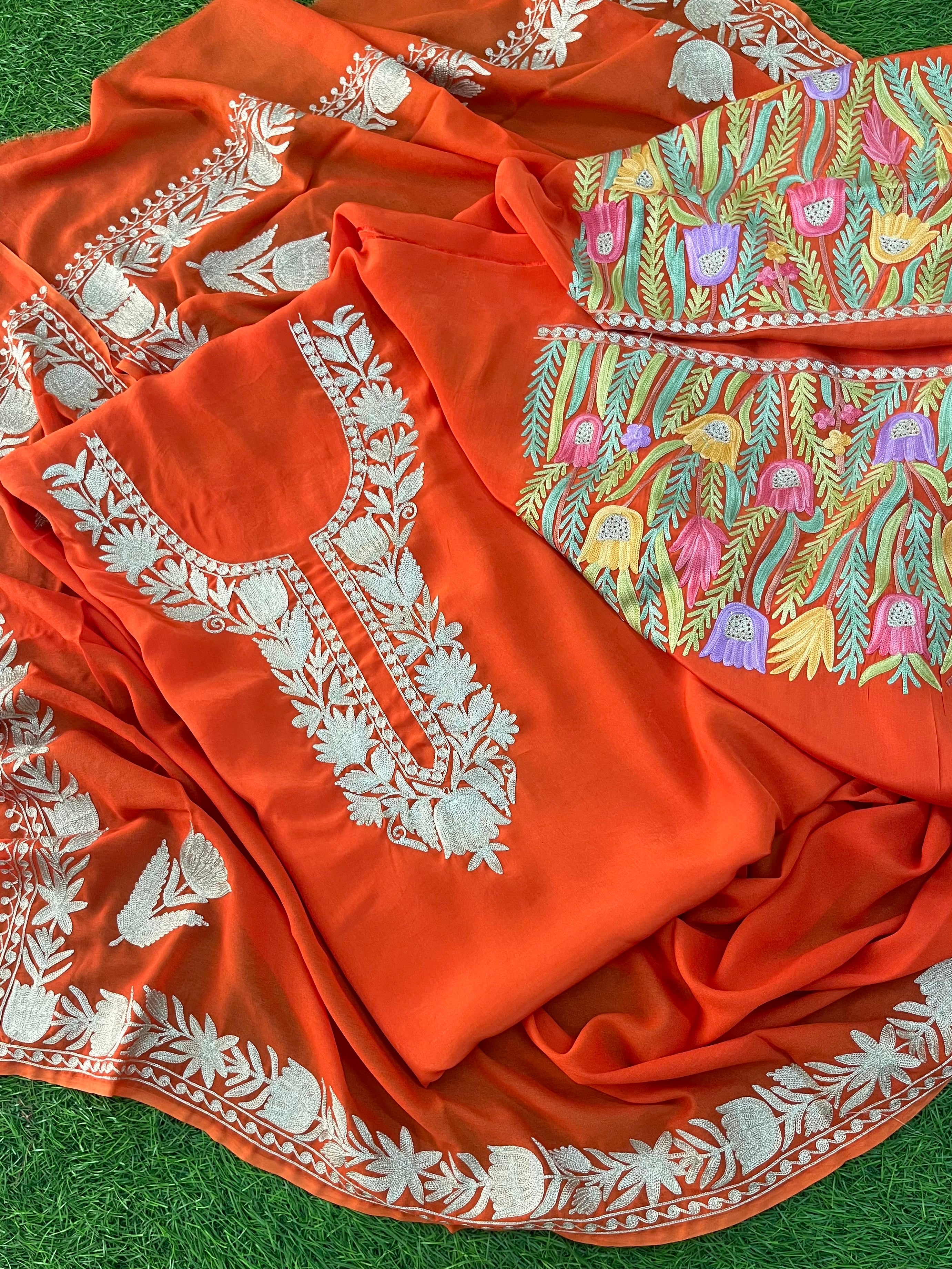 Kalaa' Orange Crape Kashmiri Suit – Saugaat Station
