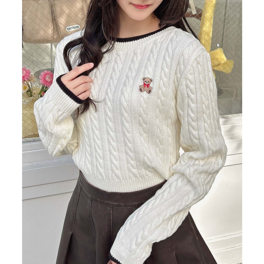 イング INGNI 7Gくま刺繍ケーブルニット （オフホワイト/クロ） -靴