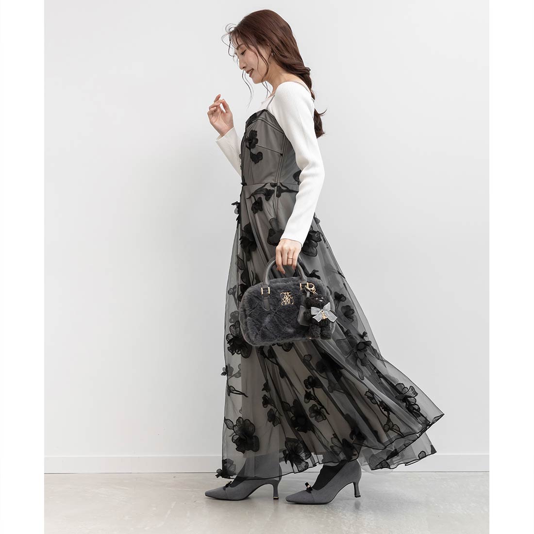 ランダ RANDAパールリボンニットドッキングブーツ （GRAY） -靴