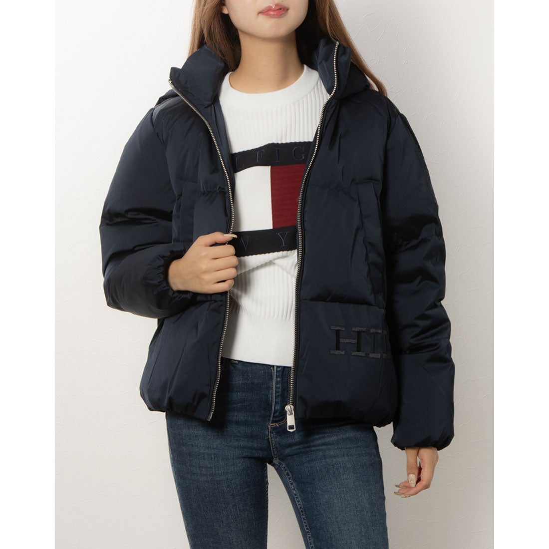 トミー ヒルフィガー TOMMY HILFIGER サテンフーデッドダウン