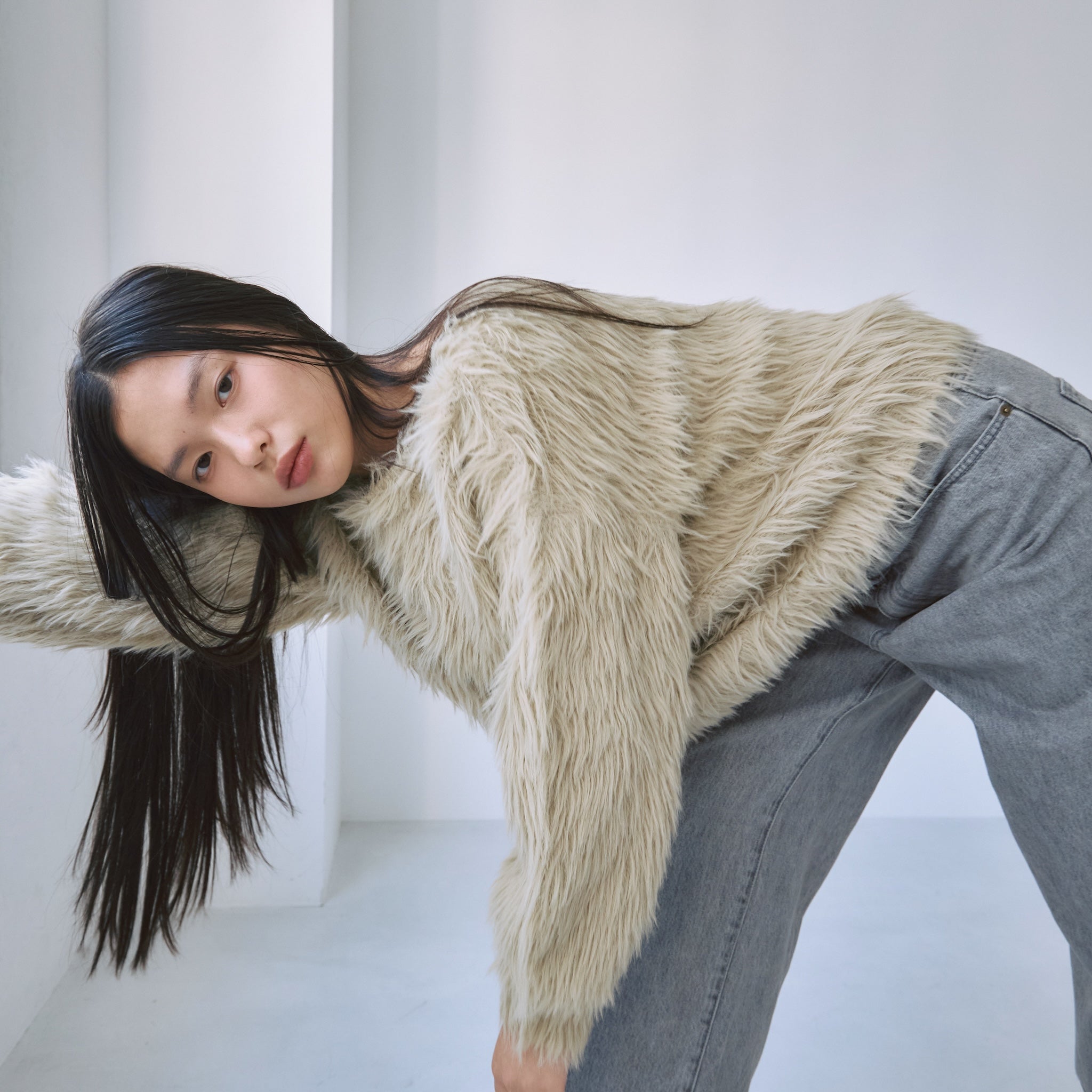 ヘアリーシャギーボートネックトップス