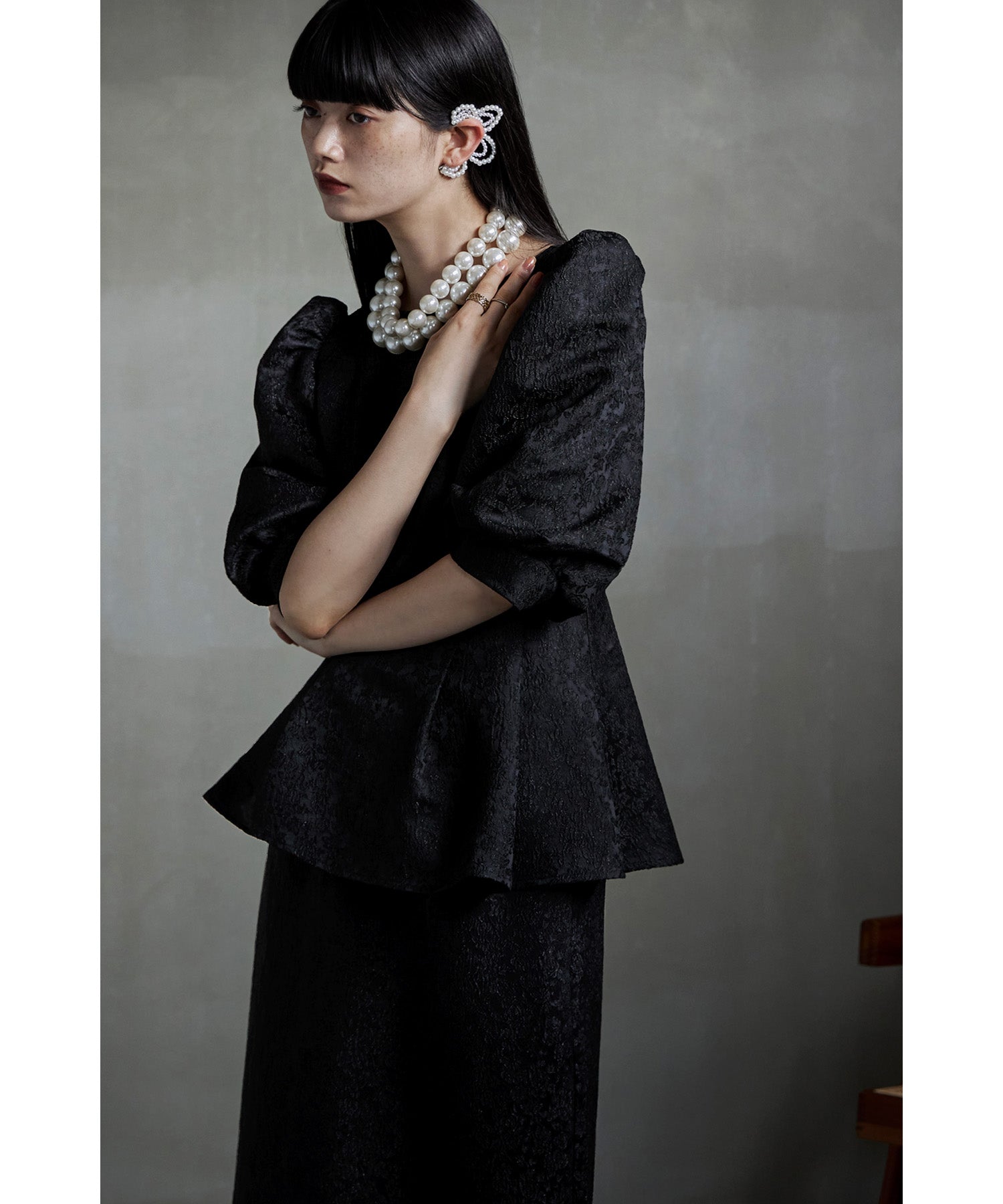 フラワージャガードセットアップドレスペプラムブラウス&Iライン