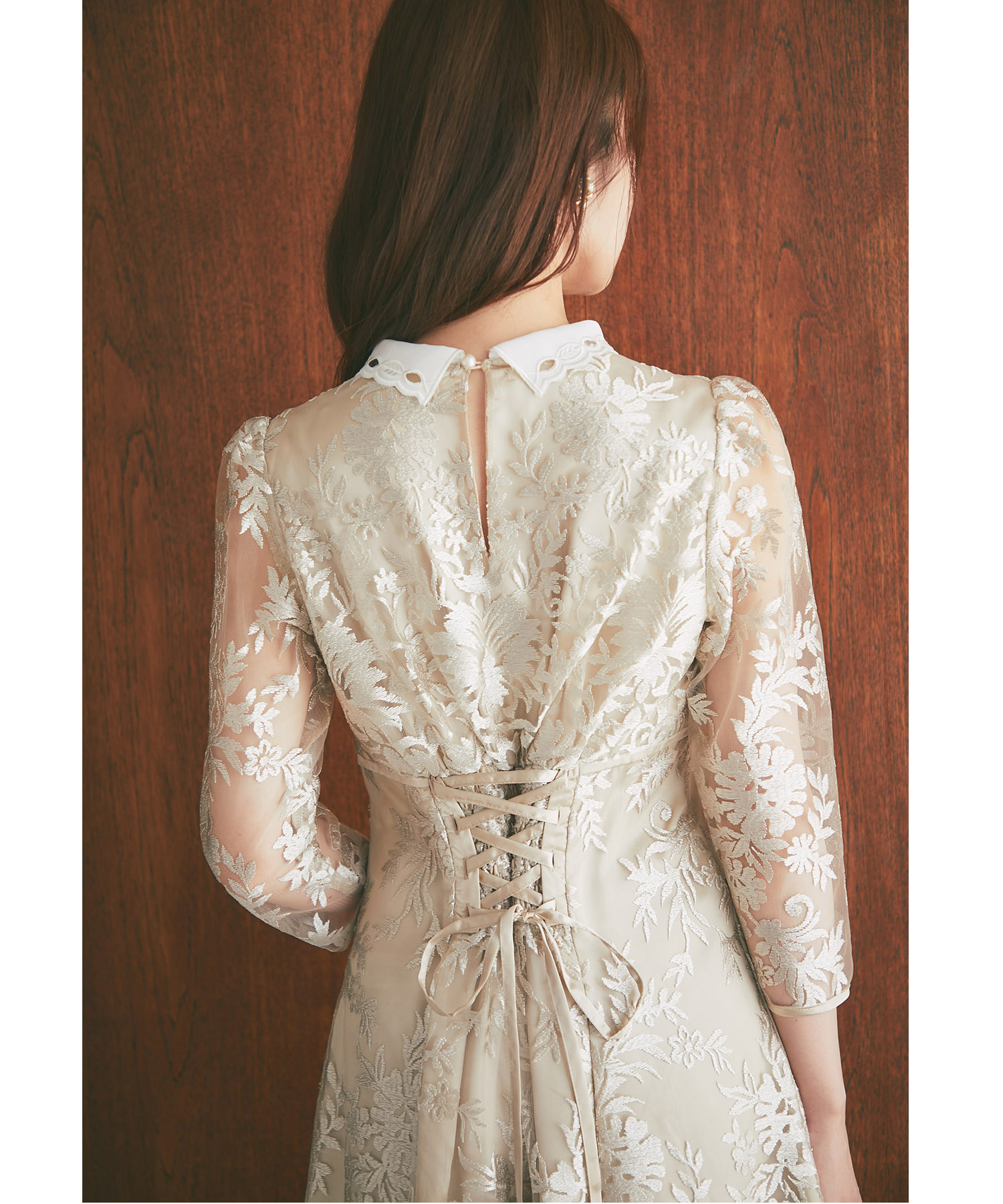 取り外し可能な立体フラワー襟付きレースワンピース【areesia