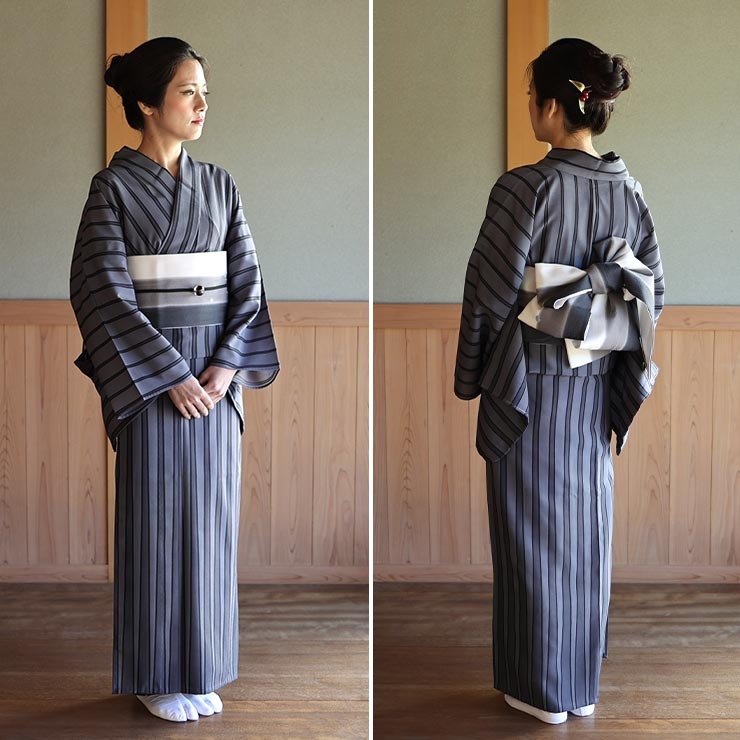 撫松庵 洗える 浴衣 三角縞（濃グレー 100-337-061-86）仕立て上がり