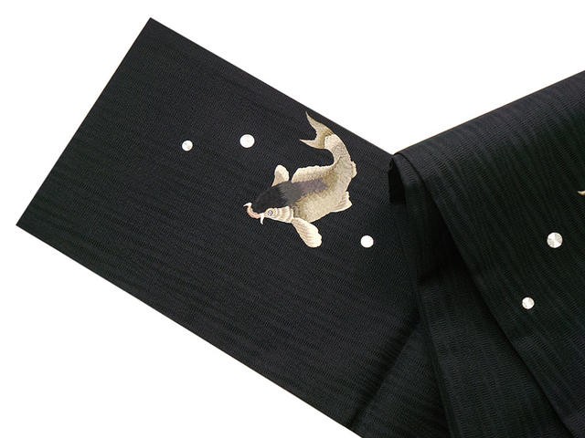 撫松庵」 一重太鼓袋帯（単衣・夏用） - 鯉（クロ 100-310-101-88