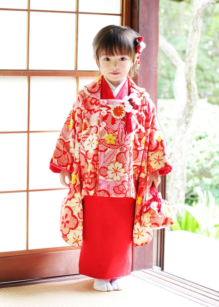 七五三 被布 3才用 「紅一点」 女児着物セット 被布セット - 正絹・花