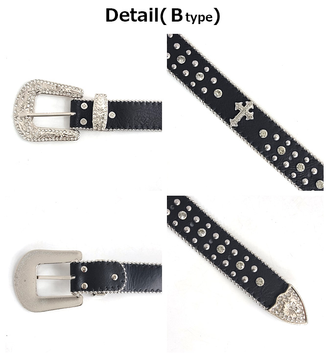 ウエスタンレザーベルト スタッズベルト ラインストーン クロス クロコ