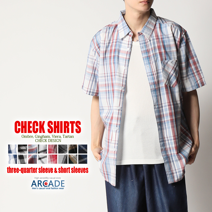 ARCADE（アーケード） チェックシャツ メンズ 半袖 七分袖 半袖シャツ
