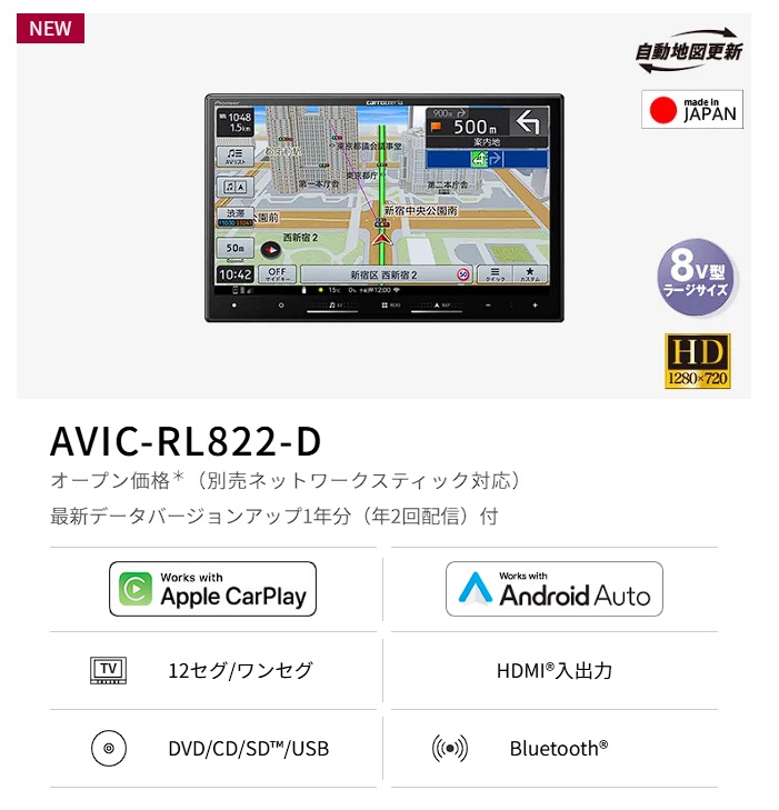 楽ナビ AVIC-RL822-D(AVIC-RL722の廉価版) 2025年モデル 新品 送料無料
