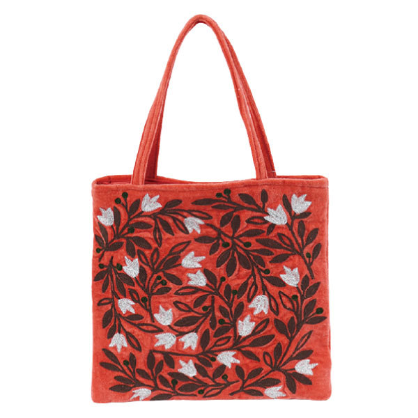 ベロア バッグ 刺繍 インド製・コットンベロアの花柄刺繍バッグ