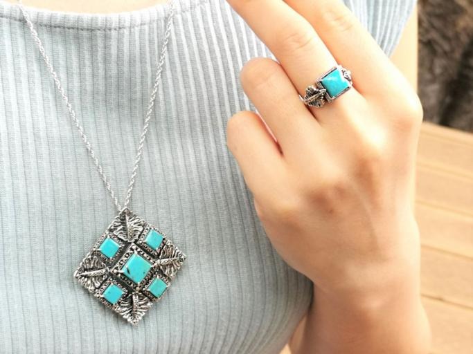 ROKUZAN ターコイズ スクエア ブローチ ペンダントトップ (チェーン