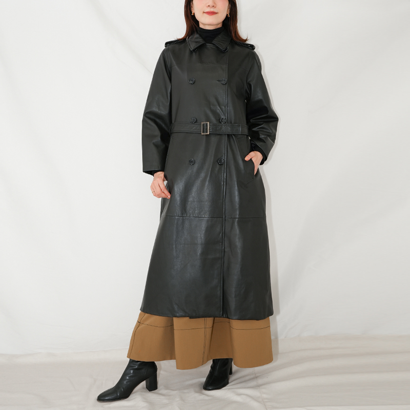 トレンチコート レザーコート レディース 本革 黒 フリーサイズ L1029