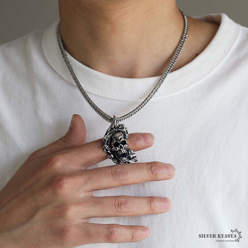 ステンレス スカルネックレス シルバー ダブル喜平チェーンネックレス