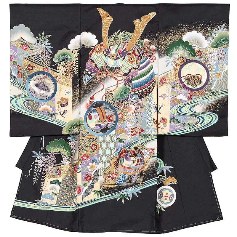 産着 お宮参り 着物 初着 男の子 鷹 兜 扇 束のし 向い鶴 松 龍 : 京の