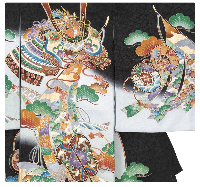 産着 お宮参り 着物 初着 正絹 黒 紺 兜 鷹 のし 熨斗 束のし 扇面 松