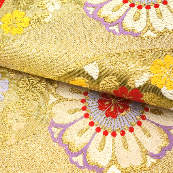 廣部商事 振袖用 袋帯 金 ゴールド 仕立て上がり 斜めよろけ縞 菊 桜