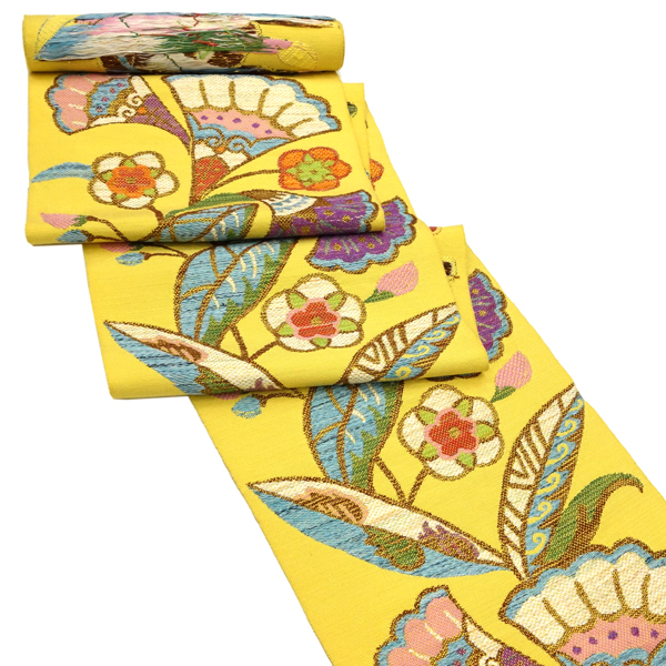 帯屋捨松 八寸名古屋帯 正絹 仕立て付き 黄色 紬帯 モダンロマン文