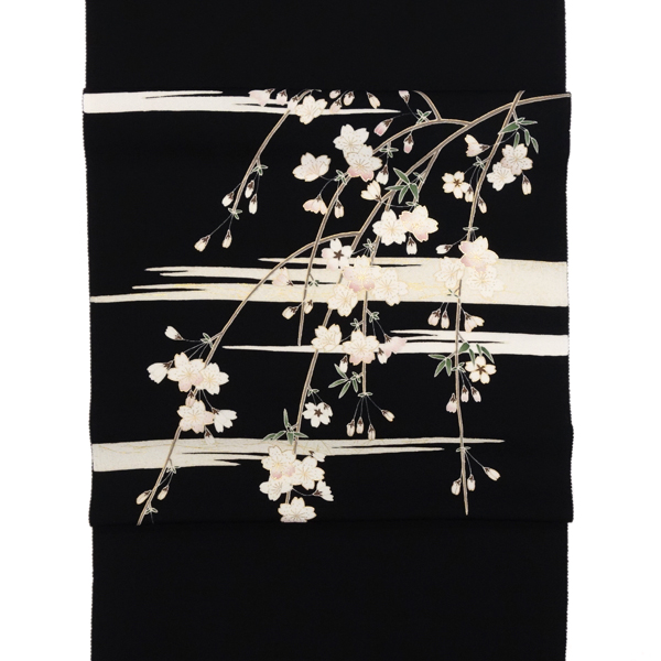 塩瀬名古屋帯 一富司 仕立て付き 正絹 黒 染め帯 京友禅染め 新品 九寸