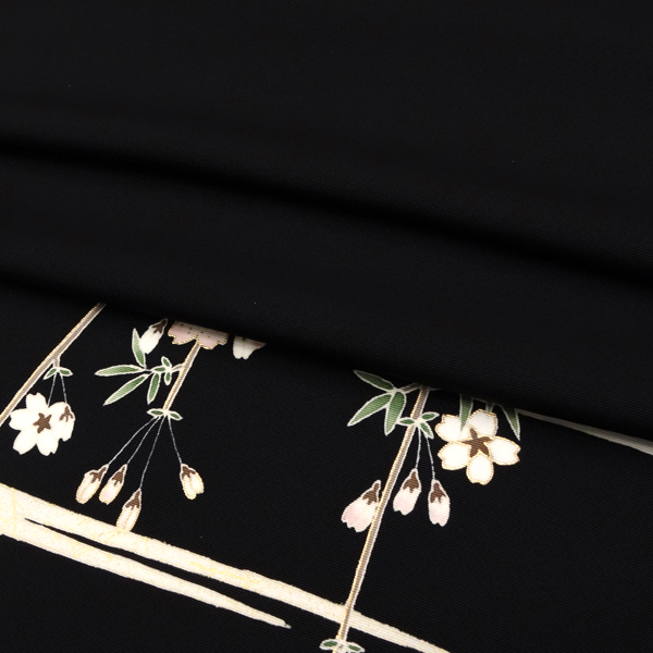 塩瀬名古屋帯 一富司 仕立て付き 正絹 黒 染め帯 京友禅染め 新品 九寸