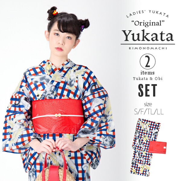 KIMONOMACHI 浴衣 レディース セット 「赤×青チェック 猫とオウム