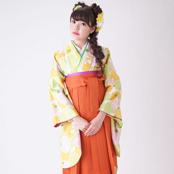 中古品)卒業式袴セット 「二尺袖：パステル格子水玉+袴：橙×菊 刺繍