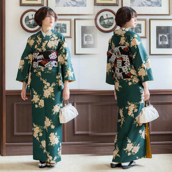 KIMONOMACHI 洗える着物 袷着物単品「ストライプブーケ グリーン