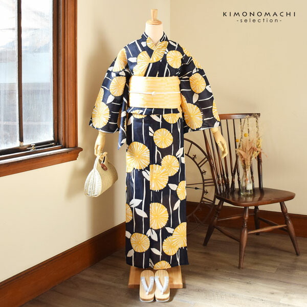 浴衣セット 浴衣と半幅帯の2点セット 「浴衣 紺地 黄の花＋半幅帯 水面