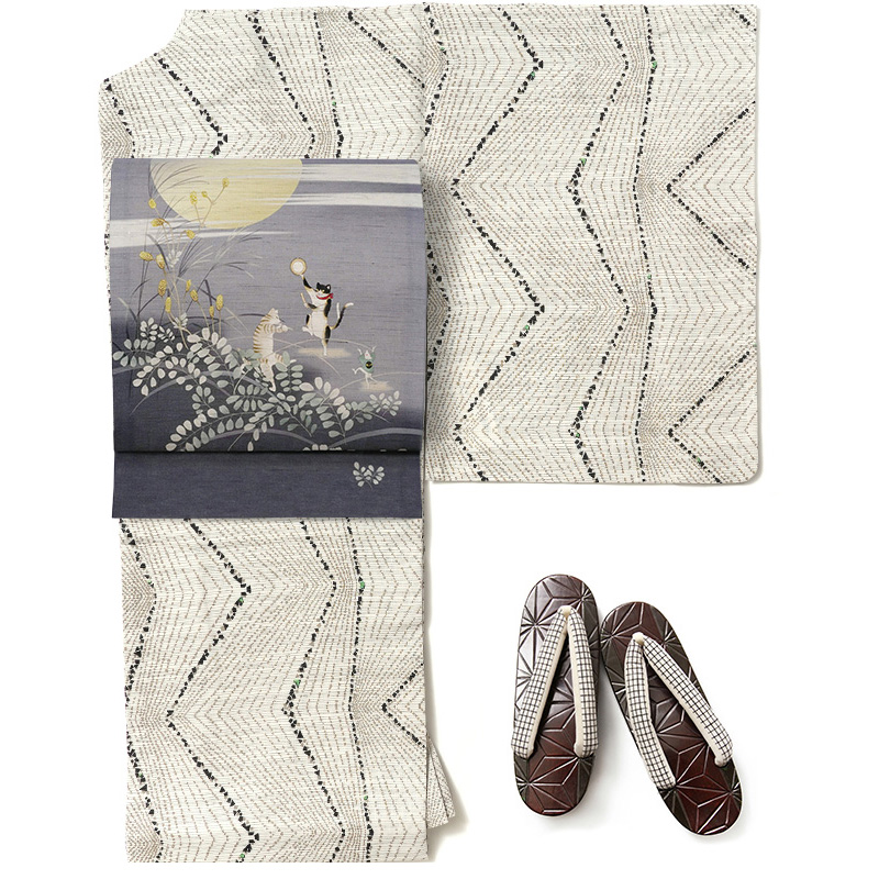 京袋帯 WAKKA 麻 月夜猫 猫又 鼠 ススキ 満月 紫 秋 妖怪 アニマル 夏