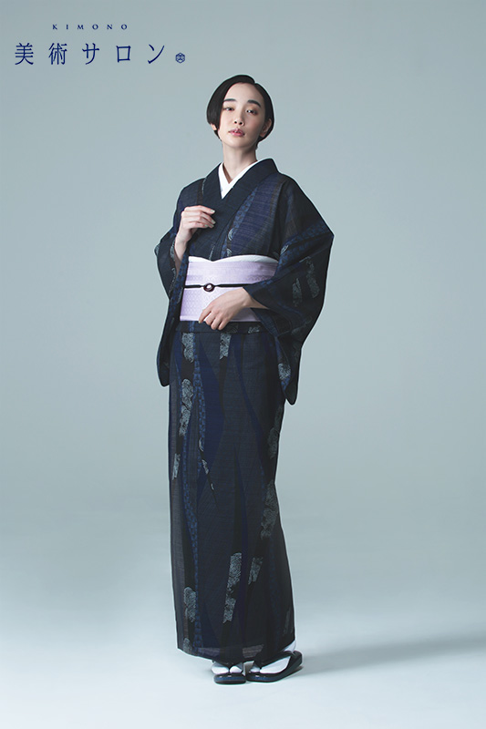 浴衣 美術サロン 綿絽 よろけ縞 渦 紺 細密染め 古典柄 レディース