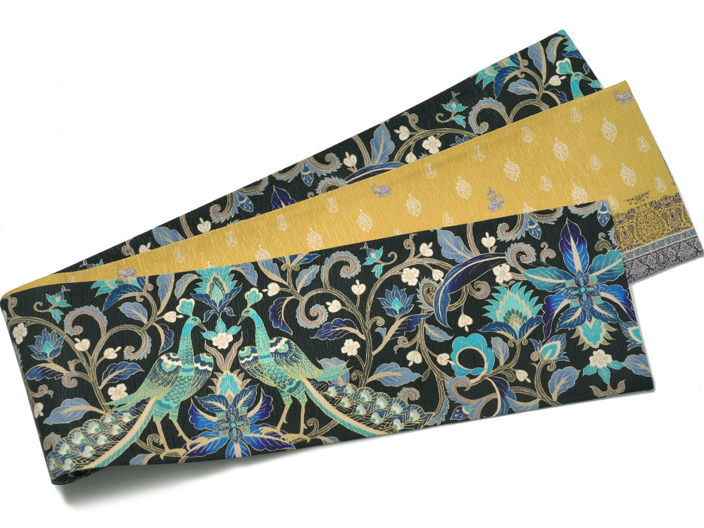 半幅帯 WAKKA 孔雀王 黒 ターコイズ 青 黄土 正絹 リバーシブル 長尺