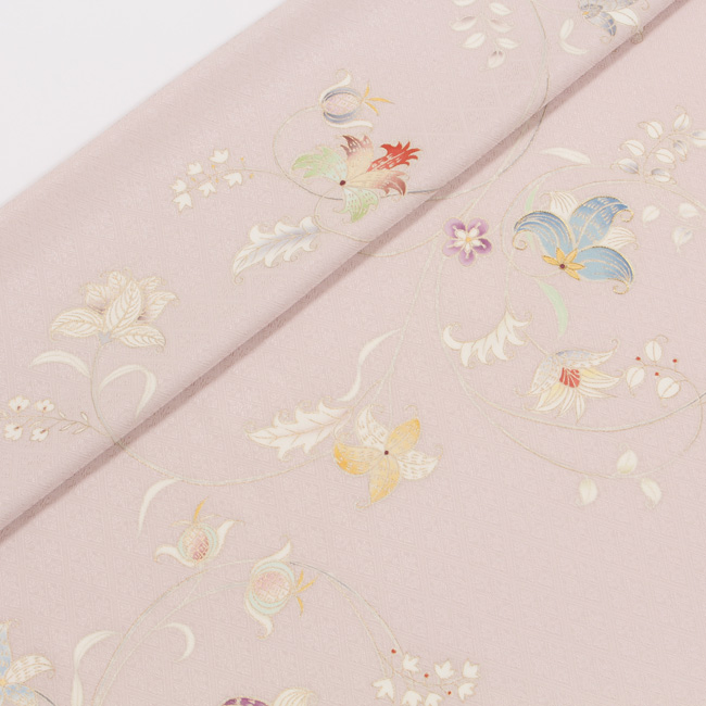 きもの 和 付け下げ 付下げ 着尺 手描き 京友禅 正絹 唐花文様 灰桜色