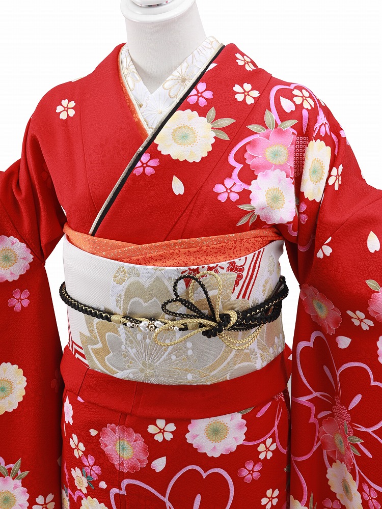 振袖用 正絹 帯揚げ・帯締め・重ね衿・半衿 4点セット オレンジ系 h