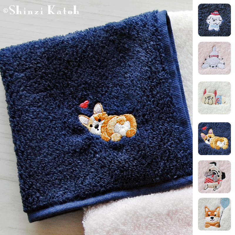 タオル ハンカチ 刺繍 コーギー 柴犬 パグ フレンチブル プードル 日本