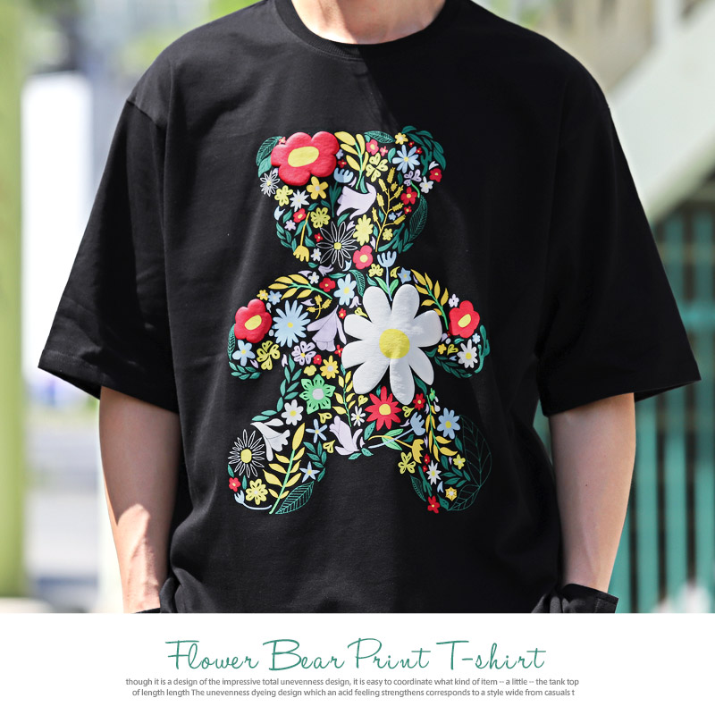 セール Tシャツ メンズ 半袖 テディベア フラワー プリント 花柄 クマ