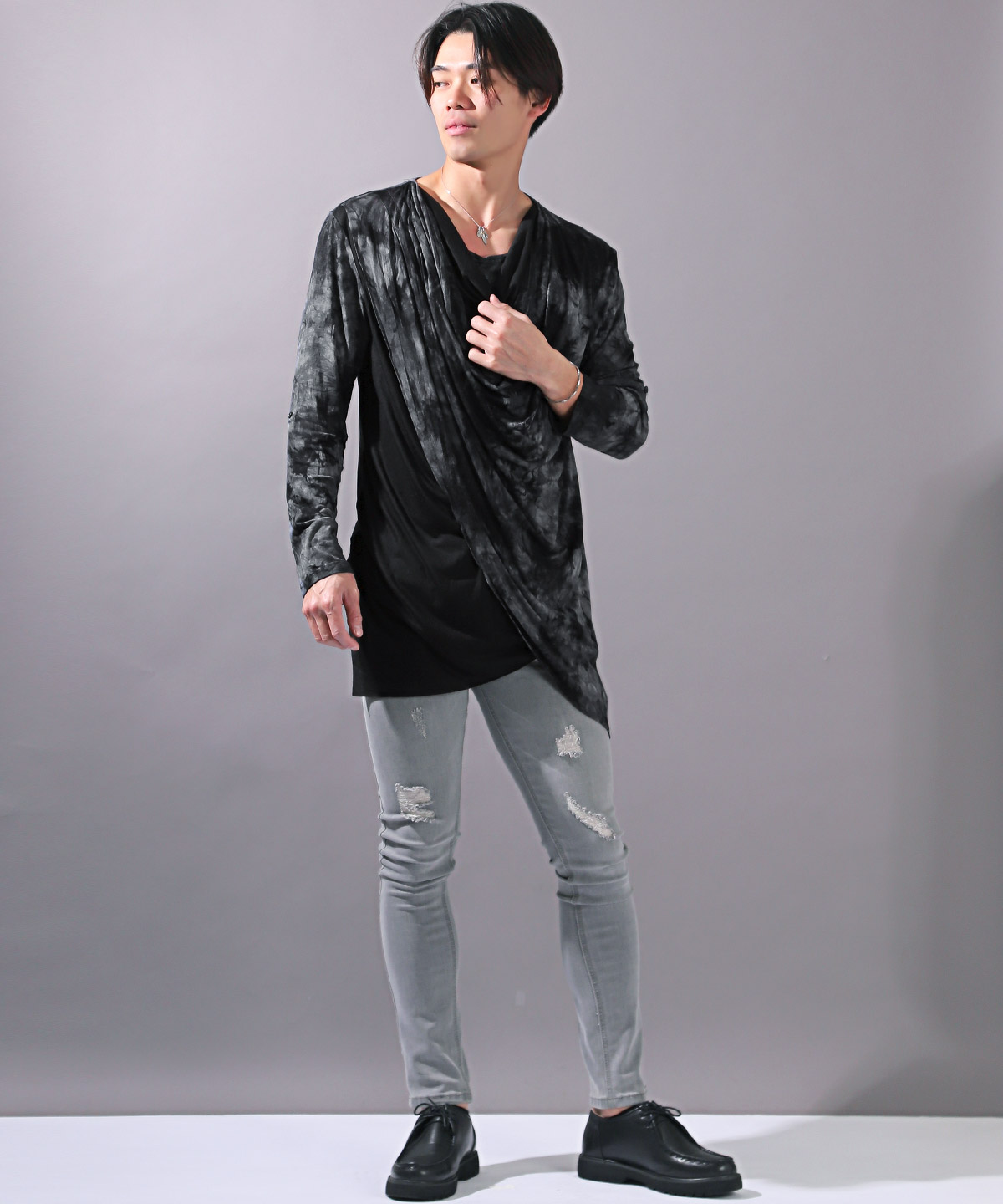 ロンT メンズ 長袖Tシャツ タイダイ ドレープ フェイクレイヤード