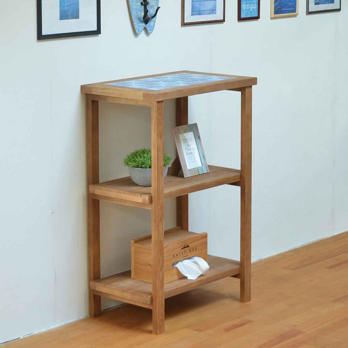 オープンラック 3段 天然木 タイル天板 PUDDLE 幅60cm （ パドル 収納