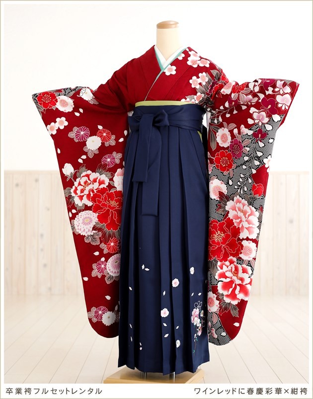 卒業式 女 袴 レンタル oh1041 ワインレッドに春慶彩華×紺袴/袴セット