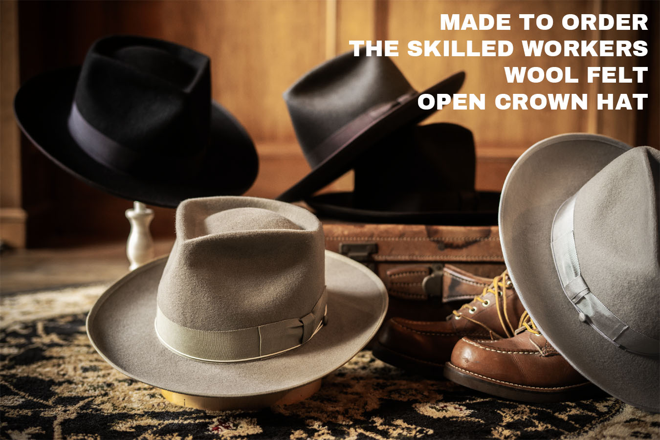 ウール フェルト ヴィンテージ スタイル オープンクラウン つば広