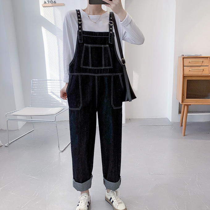 ブラック デニム サロペット レディース 5ポケット オーバーオール